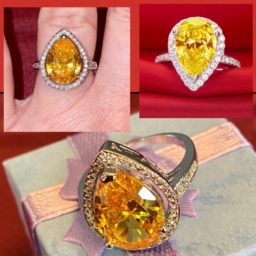 Bold Yellow Pear Cut Halo Cocktail/Statement Ring Sterling Silver Szs 6 & 8 NWT